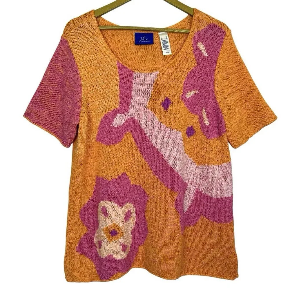 JH Collectibles Floral Short Sleeve Knit Top XL Pink Orange Artsy Boho Beach Y2K